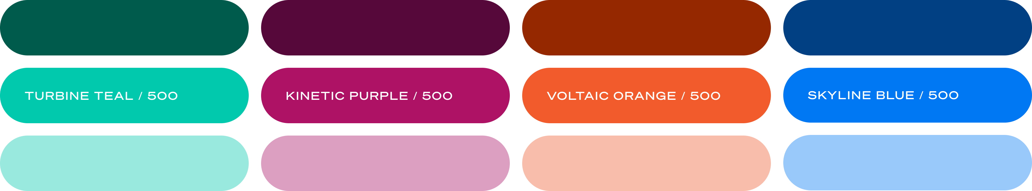 Hydrogrid colour system — Turbine Teal, Kinetic Purple, Voltaic Orange and Skyline Blue tint rows